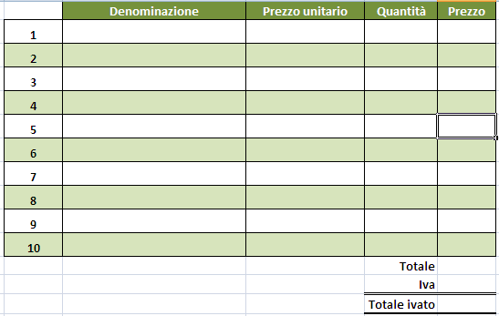 Excel esempio fattura semplice