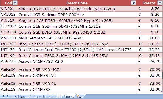 Elenco esempio listino Excel